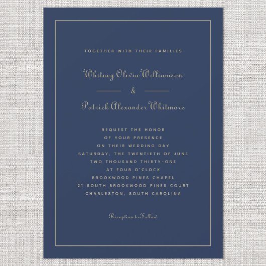 Elegant Script Navy Blue Gold Formal Chic Weddings Kaart