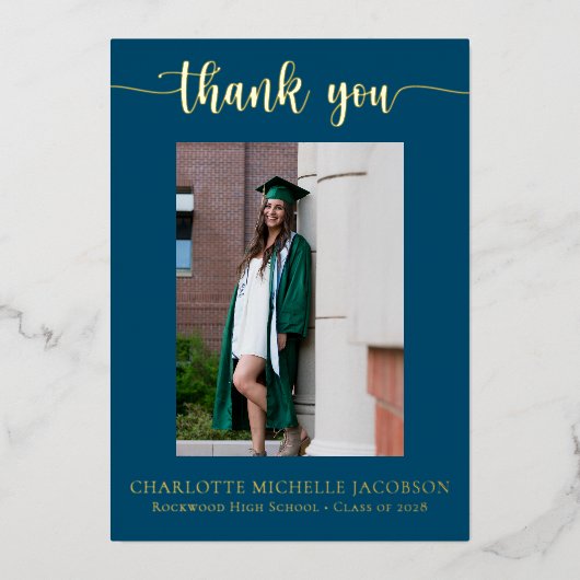 Elegant Script Navy Blue Gold Photo Afstuderen Folie Uitnodiging (Voorkant)