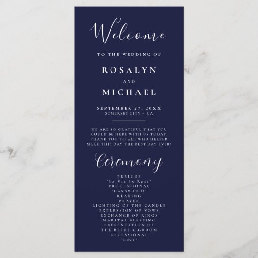 Elegant Script Navy Blue Modern Minimalist Wedding Programmakaart (Voorkant)