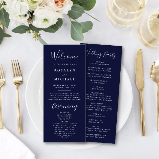 Elegant Script Navy Blue Modern Minimalist Wedding Programmakaart