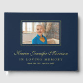 Elegant Script Navy Blue Photo In Loving Memory Gastenboek (Voorkant)