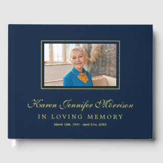 Elegant Script Navy Blue Photo In Loving Memory Gastenboek