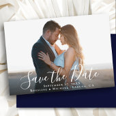 Elegant Script Navy Blue Photo Minimalist Weddensc Save The Date