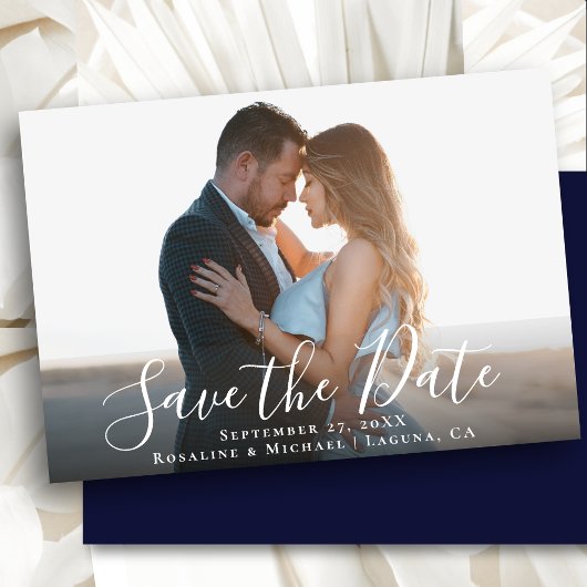 Elegant Script Navy Blue Photo Minimalist Weddensc Save The Date