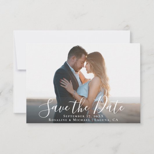 Elegant Script Navy Blue Photo Minimalist Weddensc Save The Date (Voorkant)