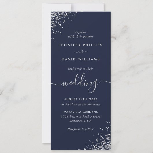 Elegant Script Navy Blue Silver Glitter Wedding Kaart (Voorkant)