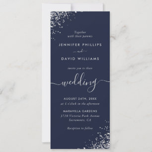 Elegant Script Navy Blue Silver Glitter Wedding Kaart