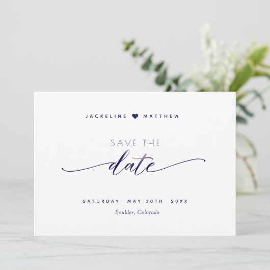 Elegant Script, Navy Blue Simple Wedding Save The Date (Staand voorkant)