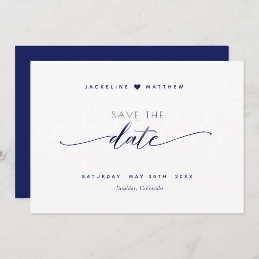 Elegant Script, Navy Blue Simple Wedding Save The Date (Voorkant / Achterkant)