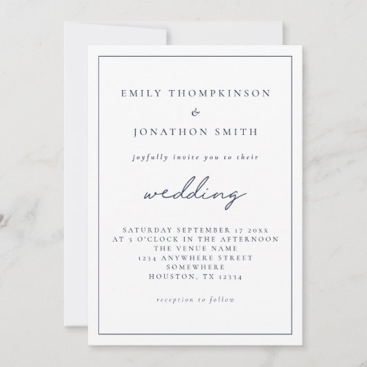 Elegant Script Navy Blue Text Wedding Kaart (Voorkant)