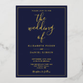 Elegant Script Navy Blue Trouwdag Gold Foil Folie Uitnodiging (Voorkant)