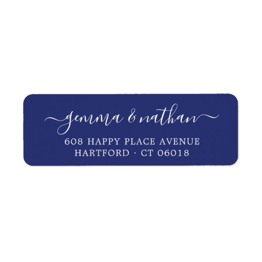 Elegant Script Navy Blue Wedding Return Address Etiket (Voorkant)