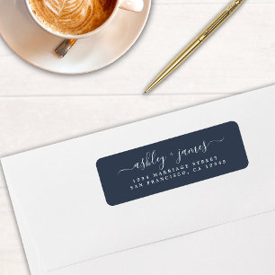 Elegant Script Navy Blue Wedding Return Address Etiket