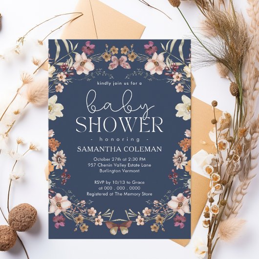 Elegant Script Navy Blue Wildflower Baby shower Kaart