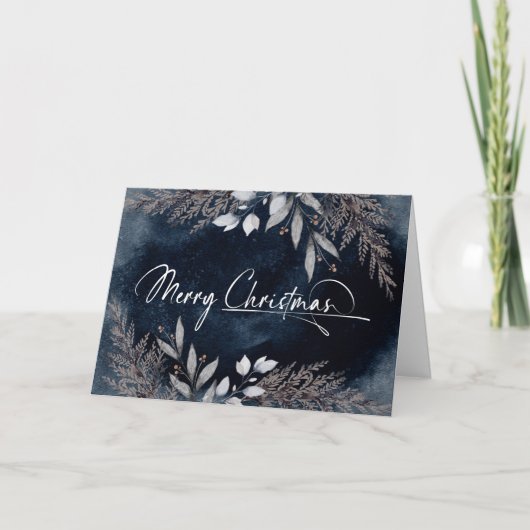 Elegant Script Navy Blue Winter Foliage Kerstmis Feestdagen Kaart (Voorkant)