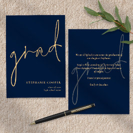 Elegant Script Navy Gold Afstuderen Aankondiging