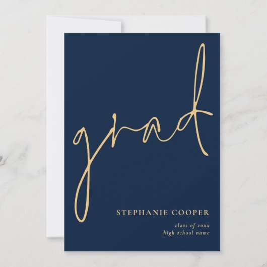 Elegant Script Navy Gold Afstuderen Aankondiging (Voorkant)