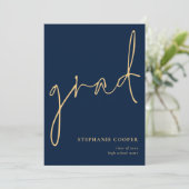Elegant Script Navy Gold Afstuderen Aankondiging (Staand voorkant)