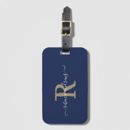 Elegant Script Navy Gold Monogram Naam Reizen Bagagelabel