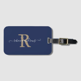 Elegant Script Navy Gold Monogram Naam Reizen Bagagelabel