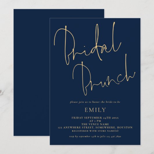 Elegant Script Navy Gold Vrijgezellenfeest Brunch Kaart (Voorkant / Achterkant)