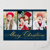 Elegant Script Navy Merry Kerstmis 3 Foto Folie Feestdagenkaart (Voorkant)