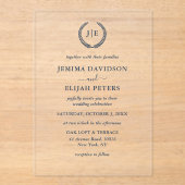 Elegant Script Navy Monogram Crest Wreath Wedding Acryl Uitnodigingen (Voorkant)