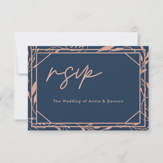 Elegant Script Navy Roos Gold Wedding RSVP (Voorkant)