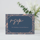 Elegant Script Navy Roos Gold Wedding RSVP Kaartje (Staand voorkant)