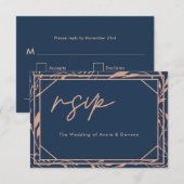 Elegant Script Navy Roos Gold Wedding RSVP Kaartje (Voorkant / Achterkant)
