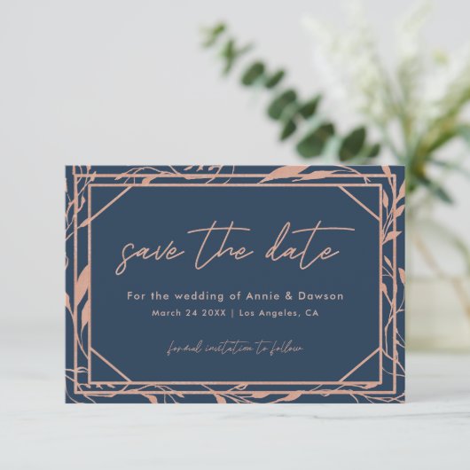 Elegant Script Navy & Roos Gold Wedding Save The Date (Staand voorkant)