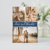 Elegant Script Navy Wedding 3 Foto Collage Bedankkaart (Staand voorkant)