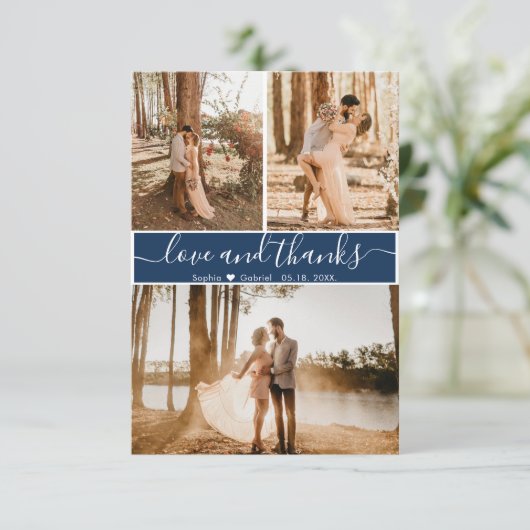 Elegant Script Navy Wedding 3 Foto Collage Bedankkaart (Staand voorkant)