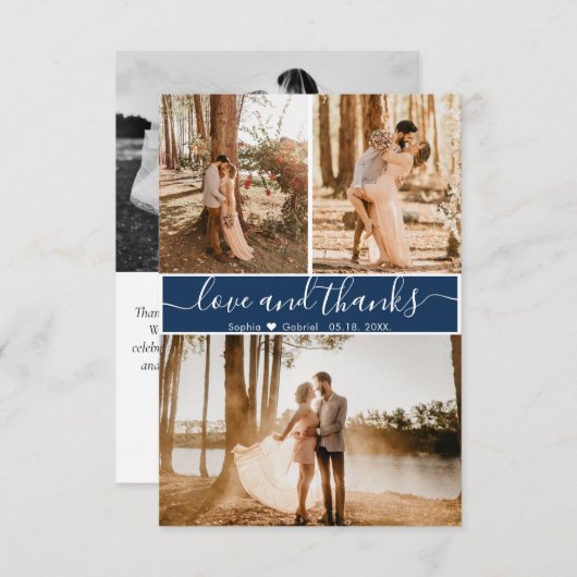 Elegant Script Navy Wedding 3 Foto Collage Bedankkaart (Voorkant / Achterkant)