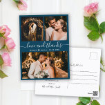 Elegant Script Navy Wedding Hartelijk dank Briefka Briefkaart<br><div class="desc">Moderne, elegante hand met briefjes marinesblauwe bruiloft 3 Foto Collage Dank je wel. Minimalistische bruiloft bedankt je sjabloon met drie foto's op de voorkant en één foto op de achterkant. Met de tekst "Liefde en bedankt" in een handgeschreven lettertype met lettertype met letterschrift en met een witte kleur op een...</div>