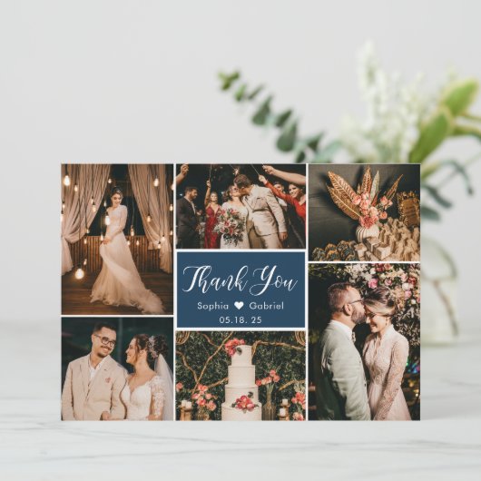 Elegant Script Navy Wedding Multi Photo Collage Bedankkaart (Staand voorkant)