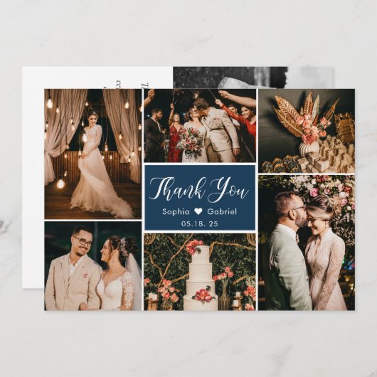 Elegant Script Navy Wedding Multi Photo Collage Bedankkaart (Voorkant / Achterkant)