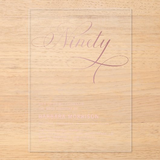 Elegant Script Negentig Roos Goud 90ste Verjaardag Acryl Uitnodigingen (Voorkant)