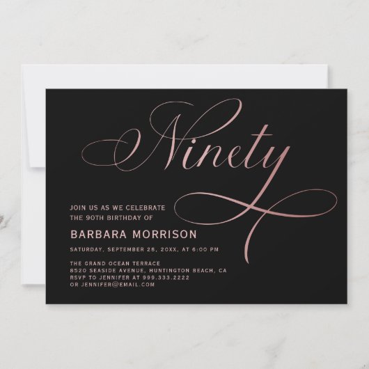 Elegant Script Negentig Roos Goud 90ste Verjaardag Kaart (Voorkant)