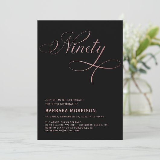 Elegant Script Negentig Roos Goud 90ste Verjaardag Kaart (Staand voorkant)