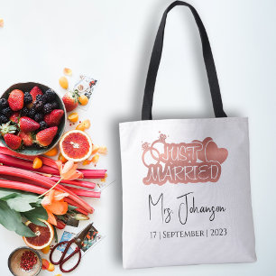 Elegant script net getrouwd Roos gouden huwelijksr Tote Bag