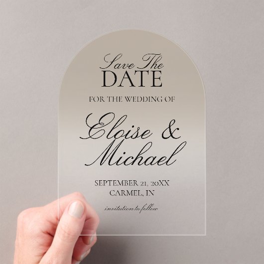 Elegant Script Neutral Tan Gradient Save the Date Acryl Uitnodigingen (Insitu (Draagbaar))