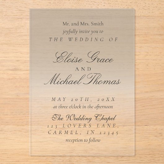 Elegant Script Neutral Tan Gradient Wedding Acryl Uitnodigingen (Voorkant)