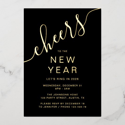 Elegant Script New Year Party Gold Folie Uitnodiging (Voorkant)