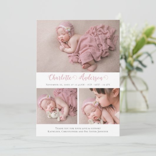Elegant Script Newborn 3 Fotocollage geboorte Aankondiging (Staand voorkant)