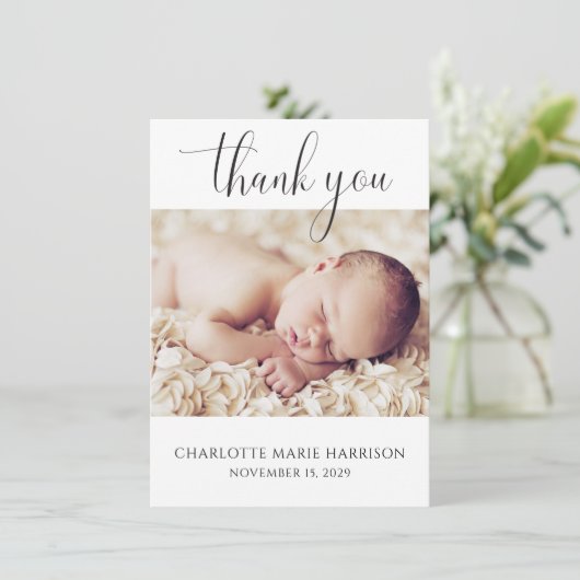 Elegant Script Nieuwe Baby Aankondiging Fotokaart (Staand voorkant)
