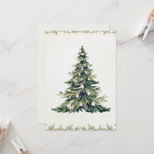Elegant Script Non Photo Christmas Tree Watercolor Kaart (Voorkant / Achterkant in situ)