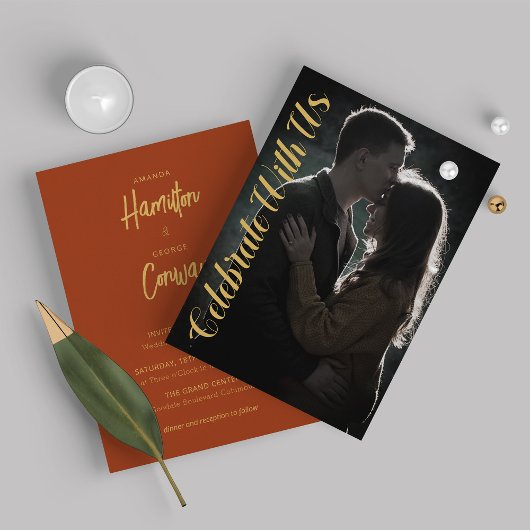 Elegant Script Ochre Mustard Photo Weddenschap Kaart