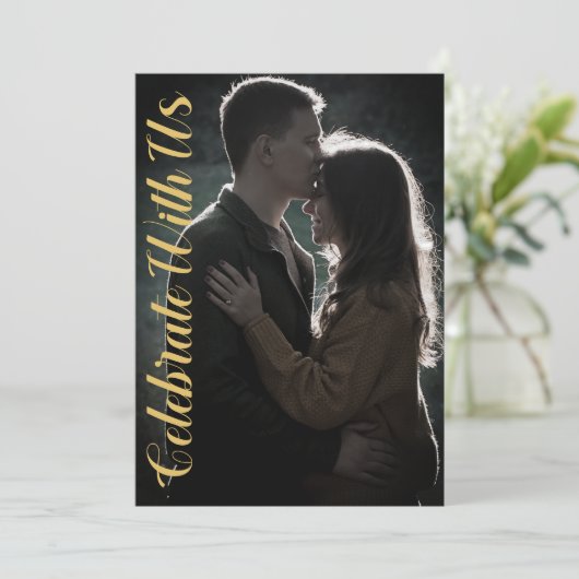 Elegant Script Ochre Mustard Photo Weddenschap Kaart (Staand voorkant)