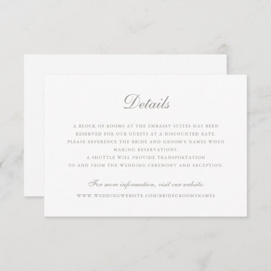 Elegant Script  Olijfgrijs Trouwdetails Kaart (Voorkant / Achterkant)